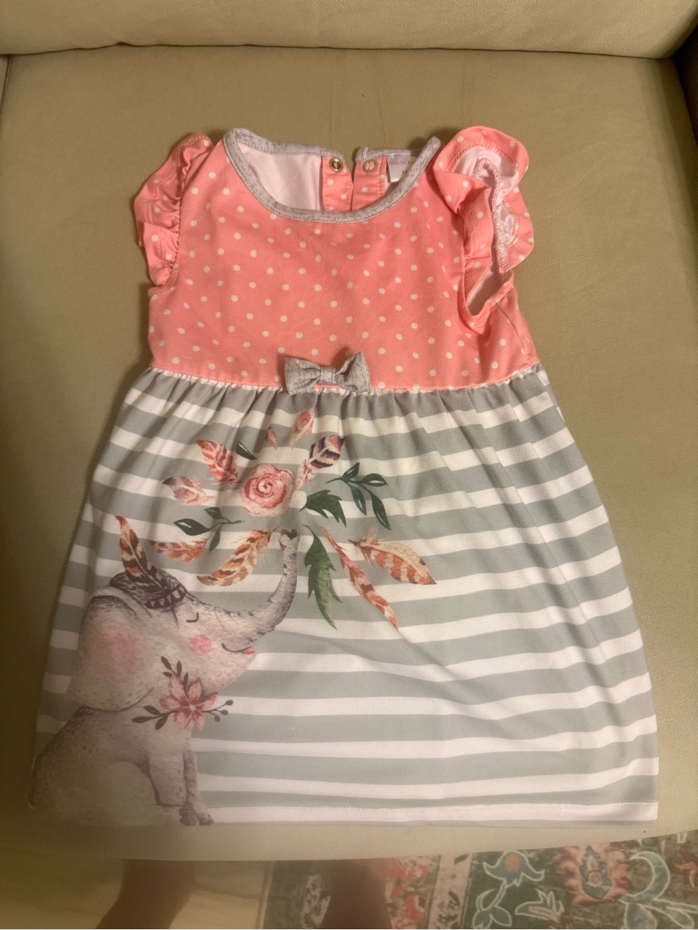 Pink Polka Dot & Gray Stripe Elephant Print Kids Dress